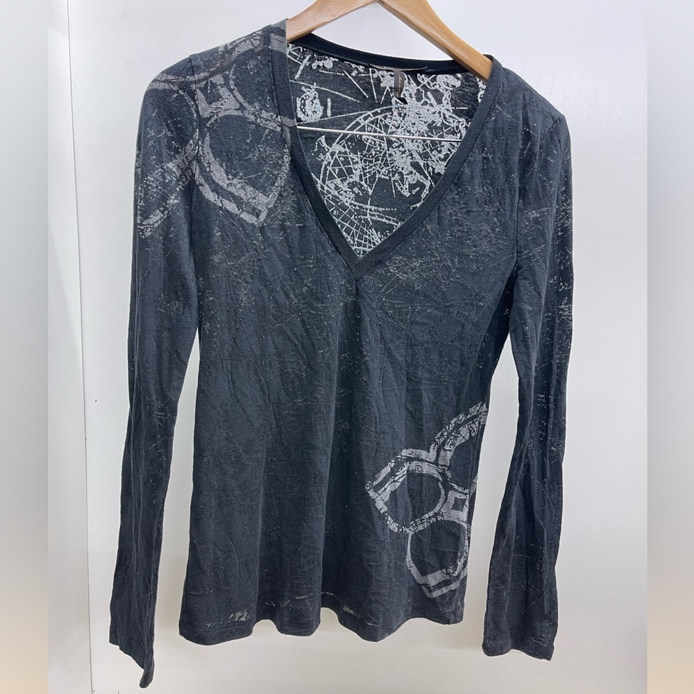 Y2K Vintage BCBGMaxAzria Charcoal Long Sleeve V-Neck Top - Picture 1 of 3